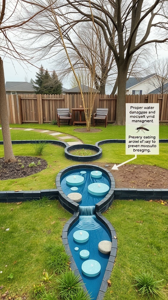 A well-designed yard with water features to prevent mosquito breeding.