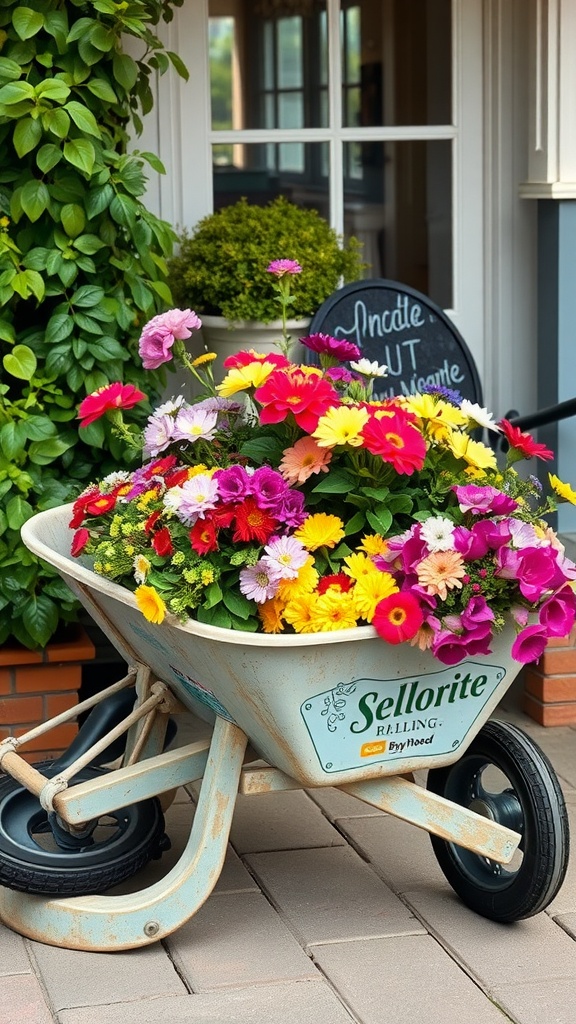A colorful flower bed in a vintage wheelbarrow on a patio
