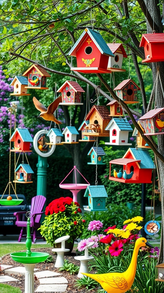 A vibrant garden featuring colorful birdhouses hanging from trees, surrounded by flowers and quirky decorations.