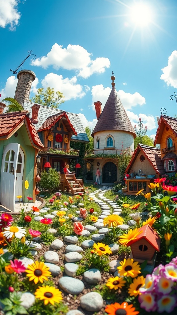 A whimsical fairy garden with colorful houses, flowers, and a stone pathway.