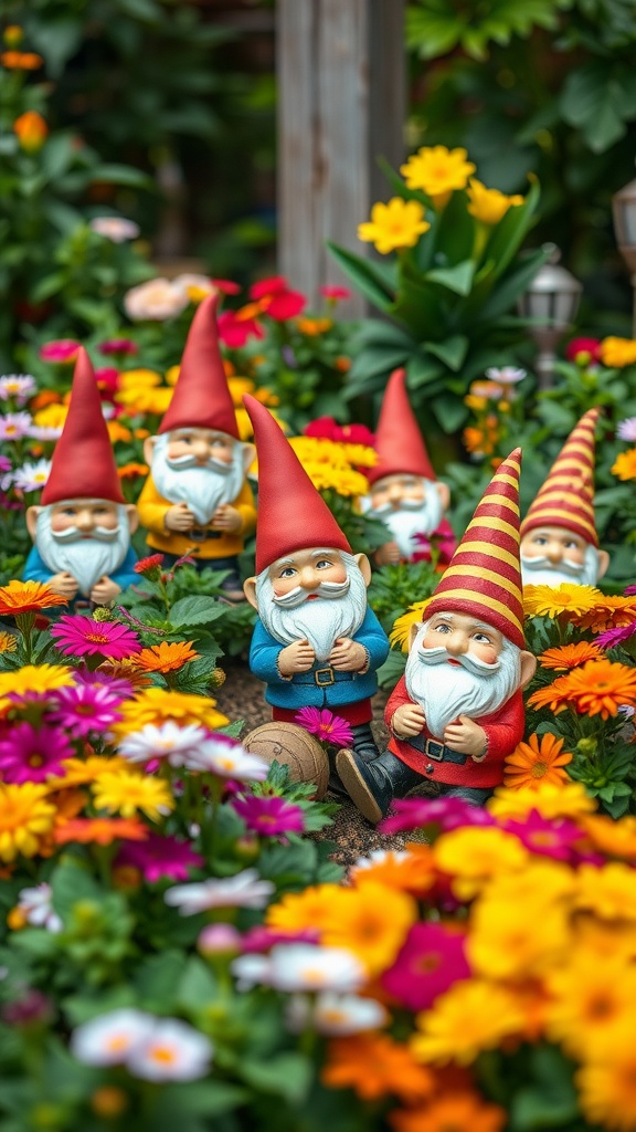 Colorful garden gnomes surrounded by vibrant flowers
