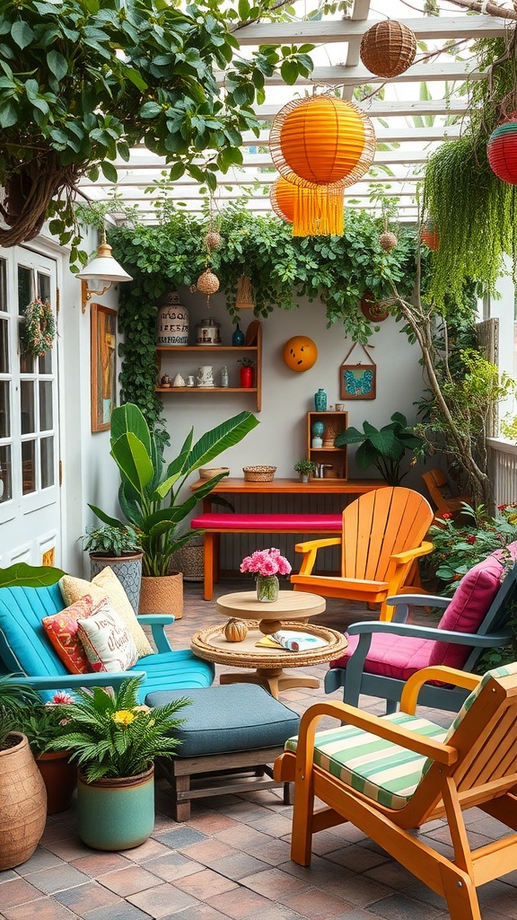 A colorful outdoor seating area with various chairs, a table, and plants, surrounded by greenery and decorative lanterns.