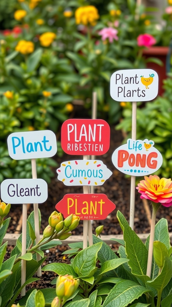 Colorful whimsical plant markers in a garden with flowers.