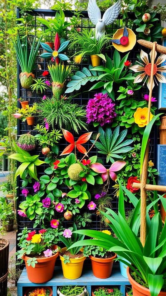 Colorful vertical garden display with artificial plants and flowers, including a dove and vibrant pots.