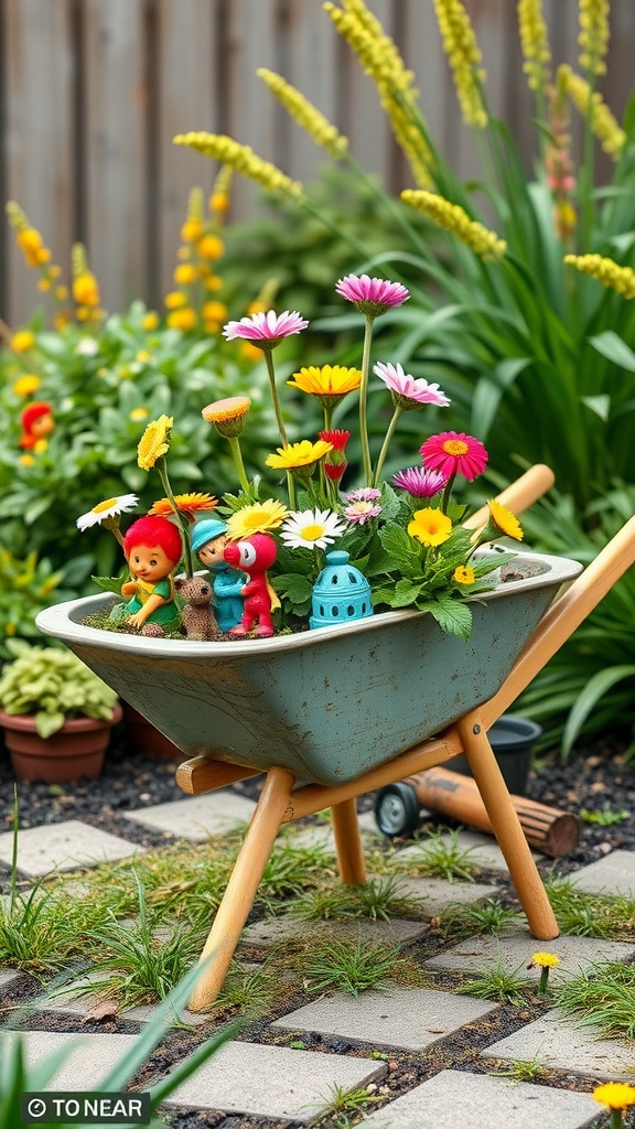 A colorful wheelbarrow planter filled with flowers and cheerful figurines.