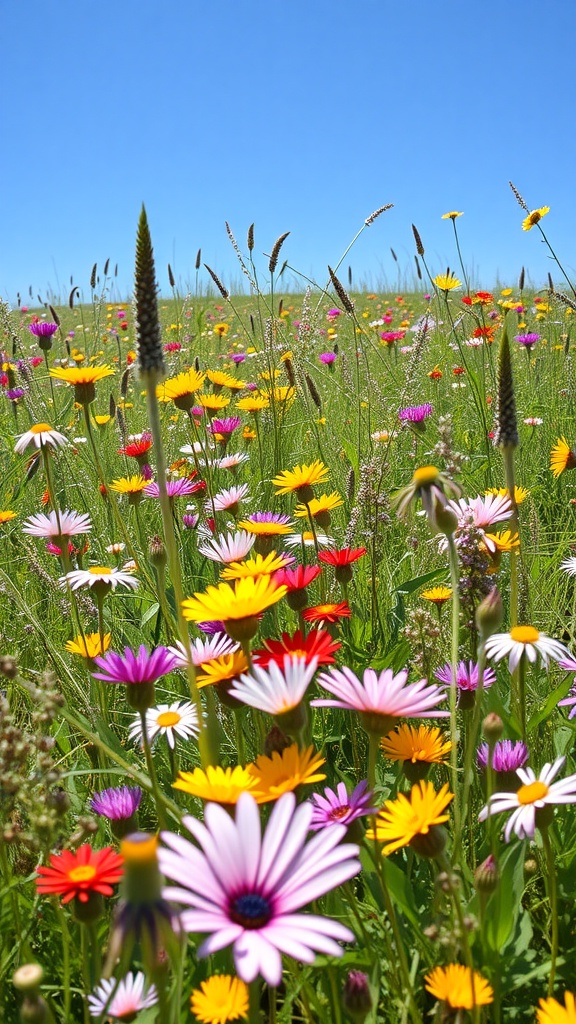 A field filled with colorful wildflowers under a clear blue sky.
