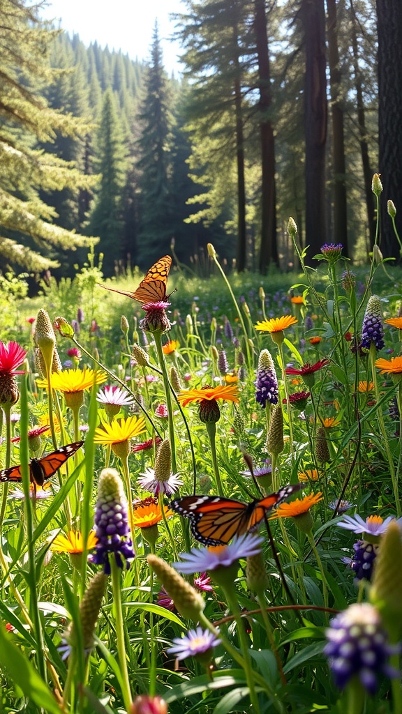 A vibrant wildflower meadow with various colored flowers and butterflies in a wooded area.