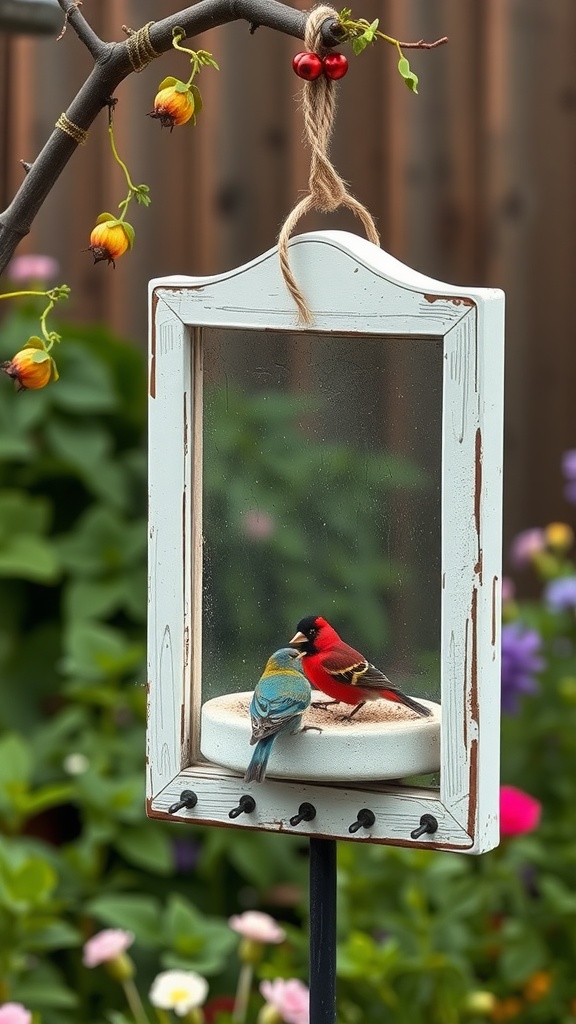 A charming window bird feeder with two colorful birds inside, surrounded by flowers in a garden.
