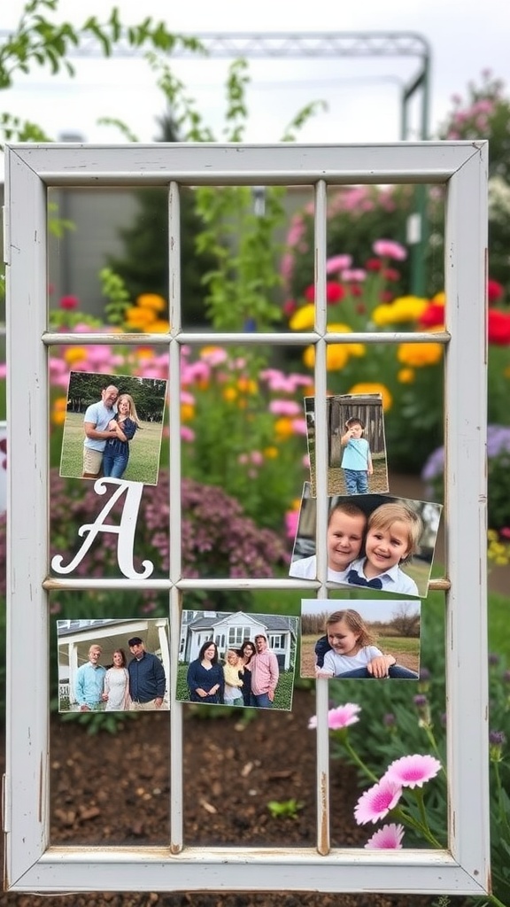 A vintage window frame displaying photos in a colorful garden setting