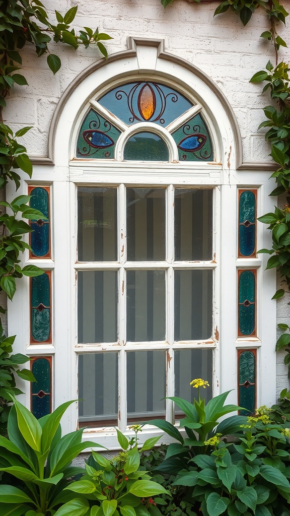 Upcycled window pane with colorful glass accents surrounded by green plants