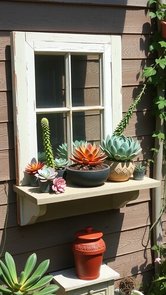 A rustic window frame shelf displaying various succulents in colorful pots