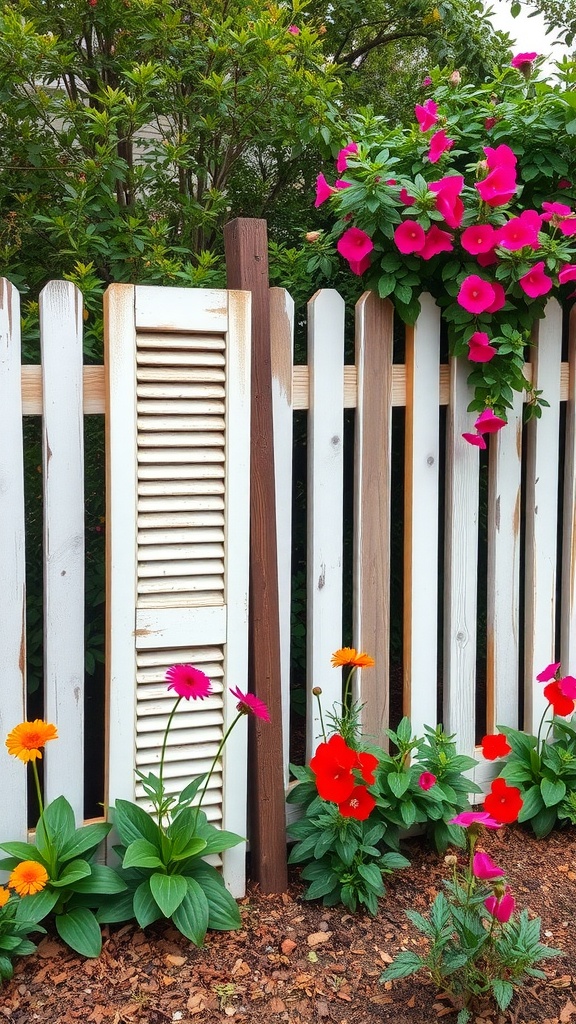 A garden fence made from old window shutters, surrounded by colorful flowers