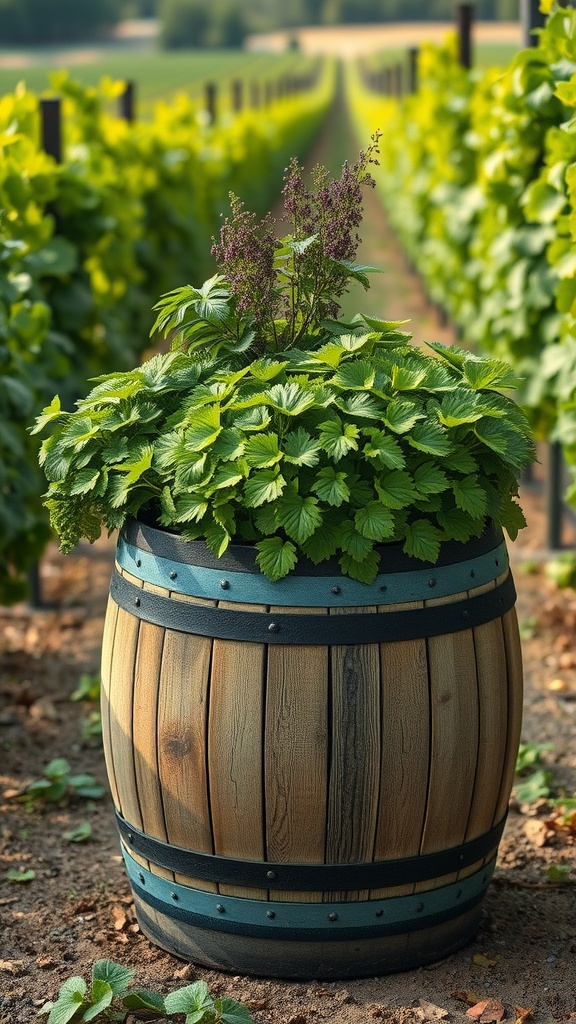 A wine barrel planter filled with lush green plants and purple flowers, set against a backdrop of vineyard rows.