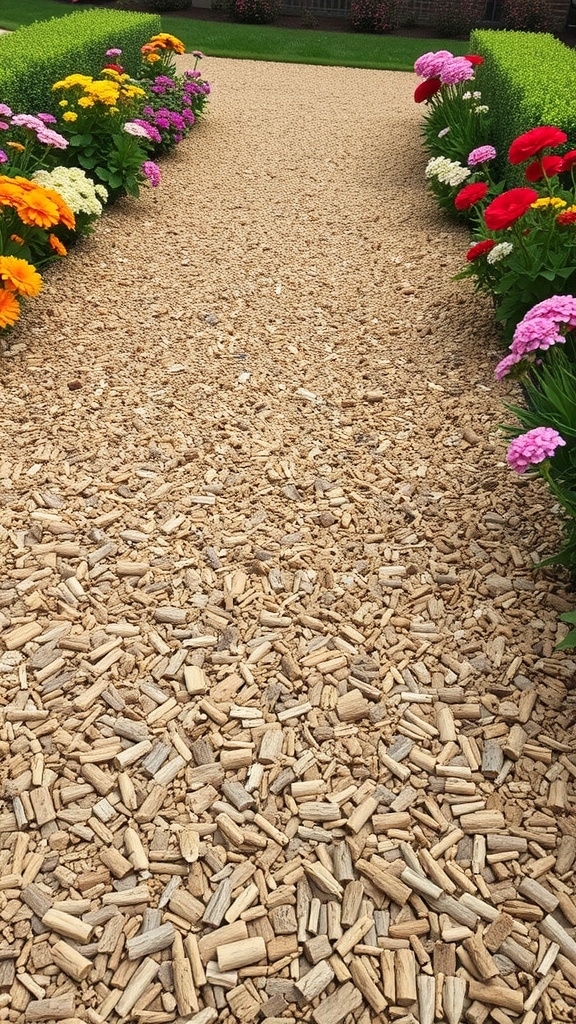 A garden path made of wood chips, lined with colorful flowers on either side.