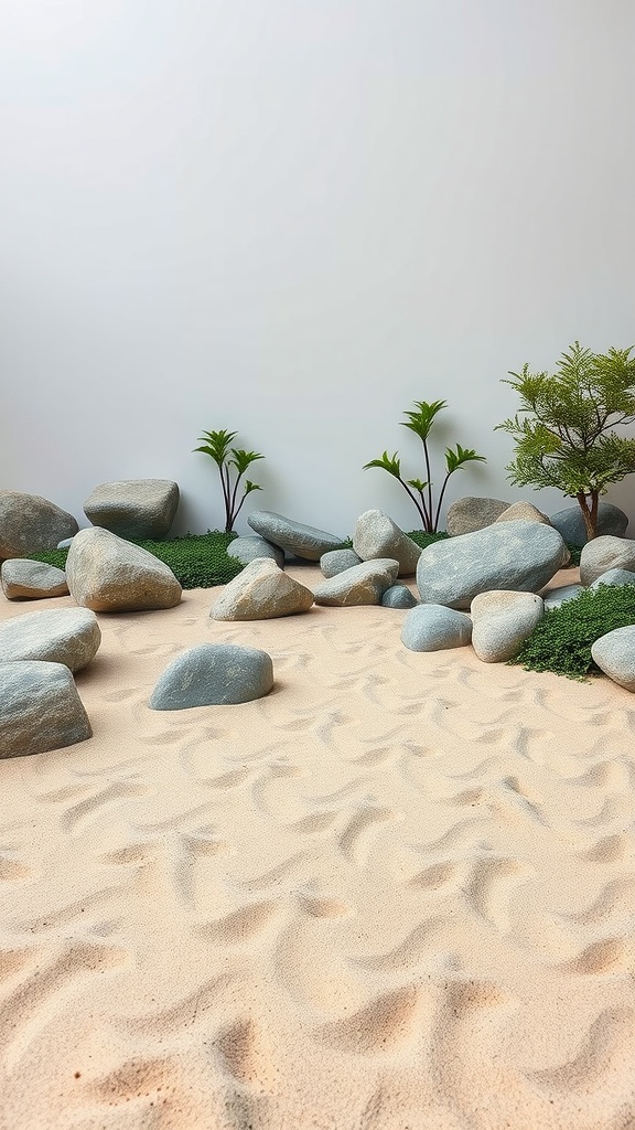 A tranquil Zen rock garden featuring smooth stones arranged on sand with patches of greenery.