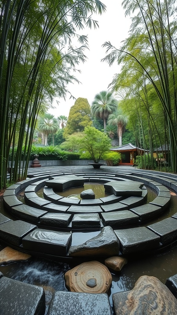 A serene Zen stone labyrinth surrounded by lush greenery, featuring smooth black stones arranged in circular patterns.