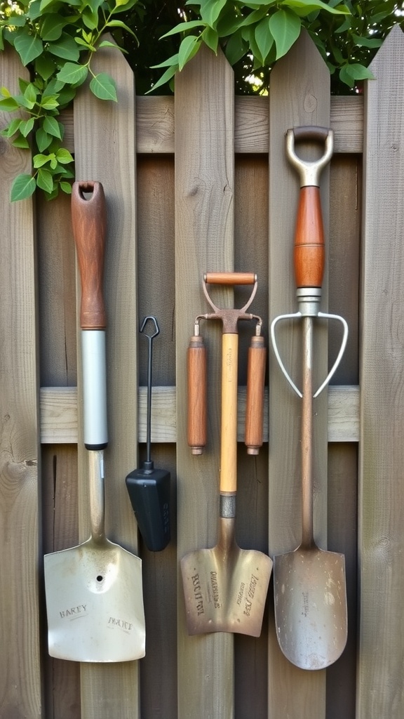 A collection of antique garden tools hanging on a wooden fence, showcasing their rustic charm.