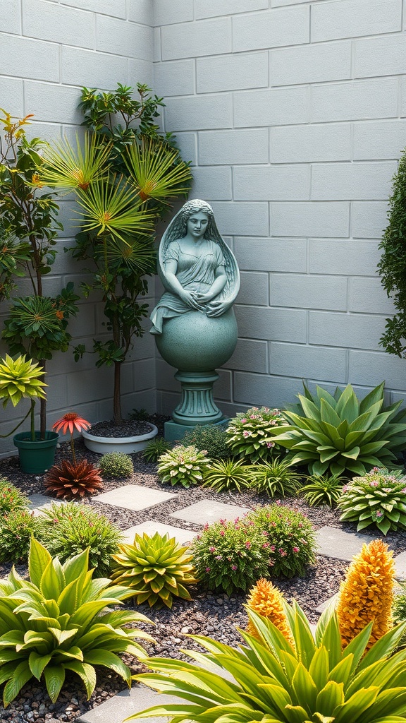 A corner garden featuring a statue of a woman surrounded by various plants and flowers.