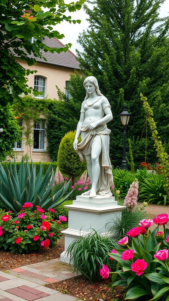 A white statue of a woman surrounded by colorful flowers in a garden.