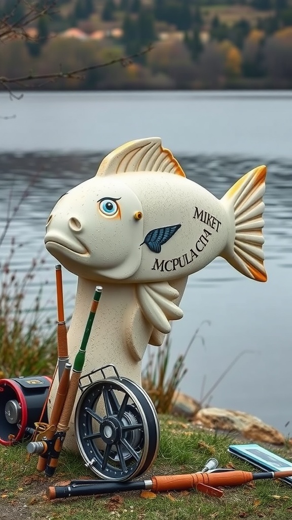 A whimsical fish-shaped mailbox by a lake, surrounded by fishing rods and gear.