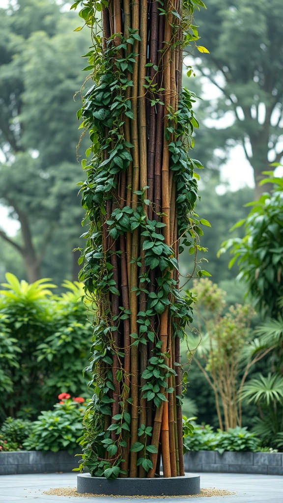 A bamboo garden obelisk surrounded by greenery