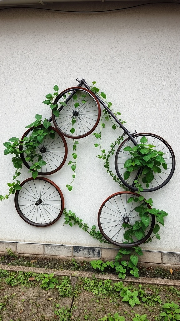 Bicycle wheels mounted on a wall with green vines growing around them