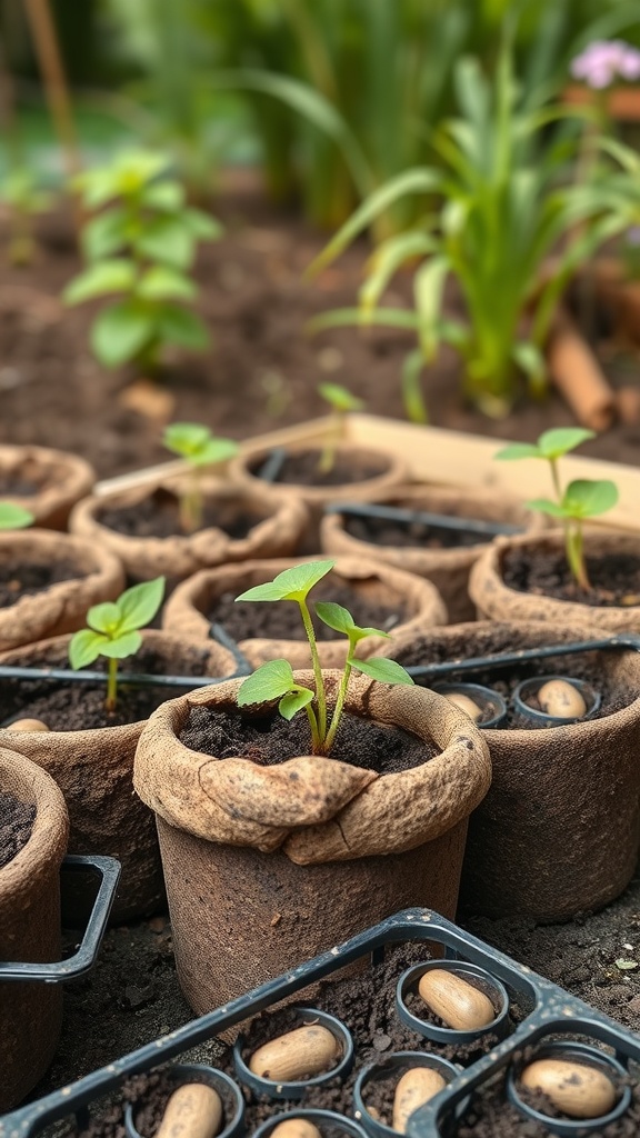 A collection of biodegradable peat pots with small seedlings growing in them, surrounded by soil and greenery.