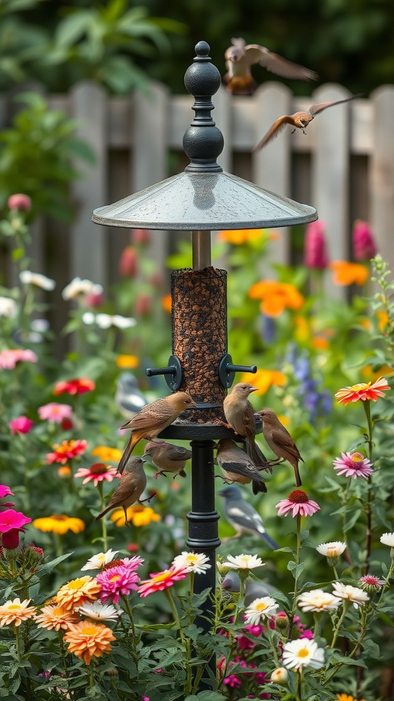 A bird feeder station surrounded by colorful flowers with birds feeding.