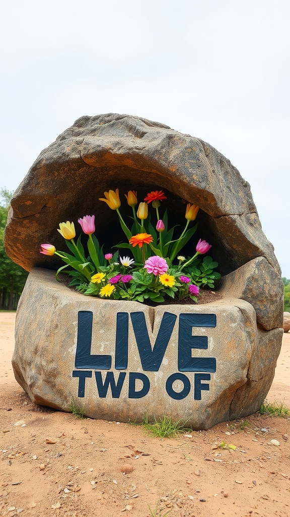A large boulder with colorful flowers planted inside it, featuring the words 'LIVE TWD OF' on the front.
