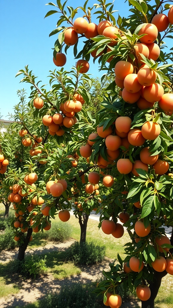 A close-up view of orange fruits hanging from trees in a sunny garden