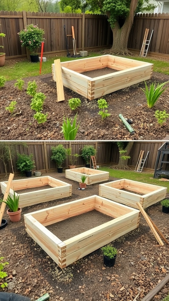Image showing several wooden raised garden beds in a backyard, some filled with soil, ready for planting.
