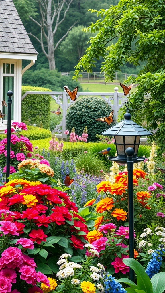 A colorful garden filled with flowers and butterflies, featuring a lantern and lush greenery.