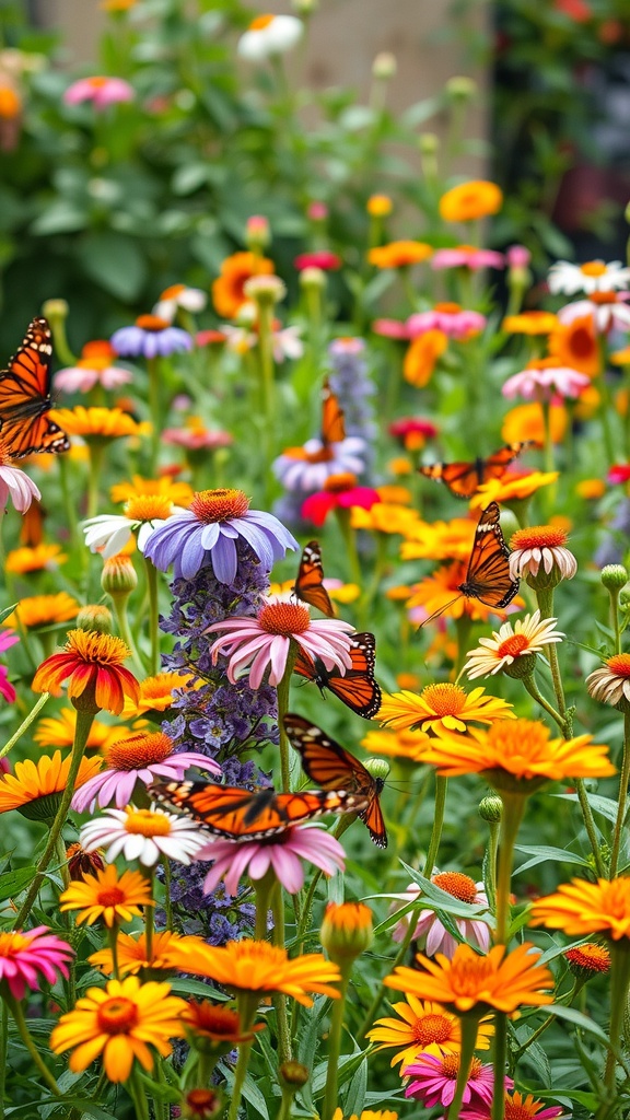 A colorful butterfly garden filled with various flowers and butterflies.
