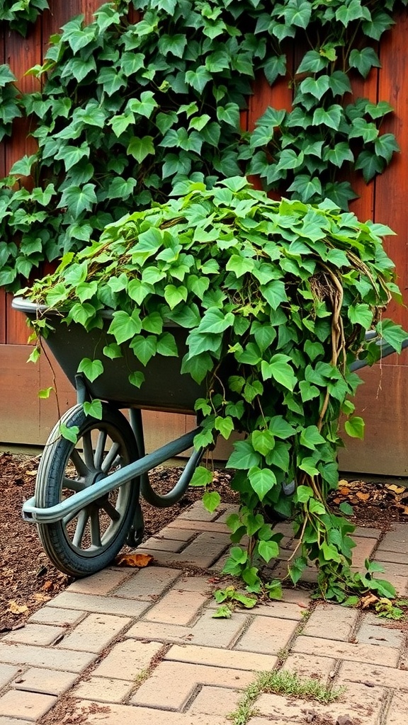 A wheelbarrow filled with cascading green ivy, creating a lush and charming garden display.
