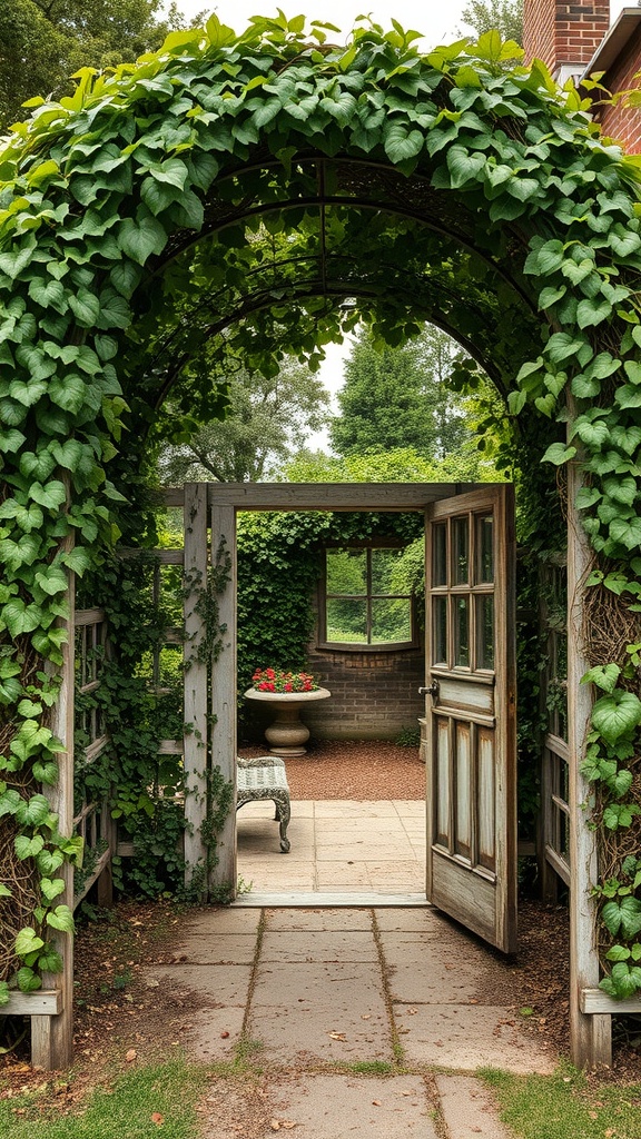 A wooden garden arbor covered in green leaves, with an open door leading to a cozy seating area.