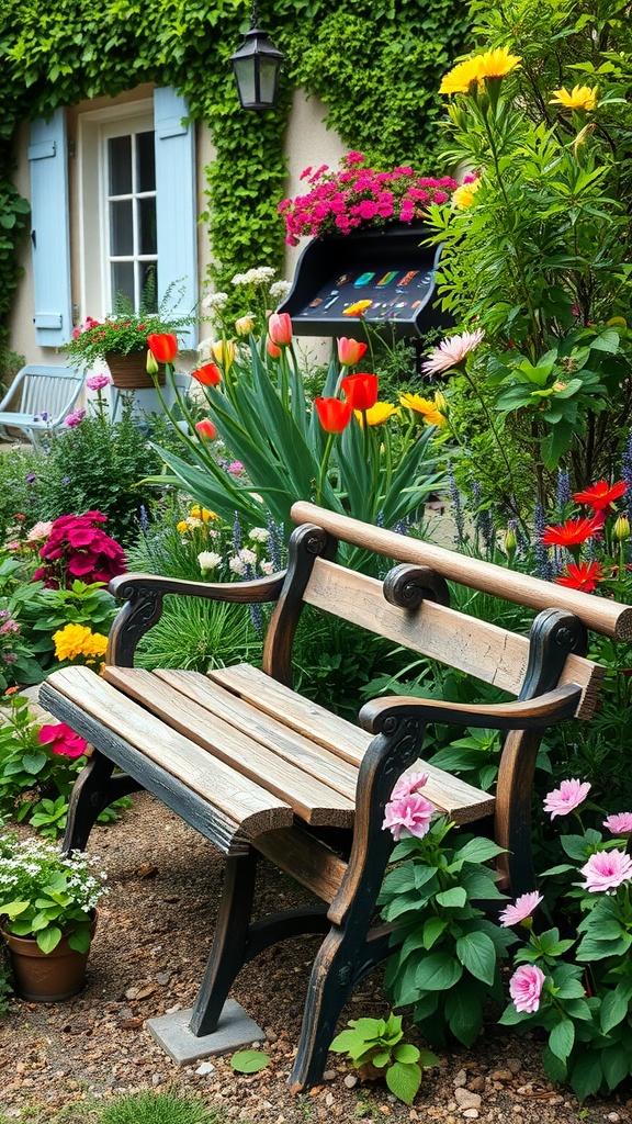 A charming wooden garden bench surrounded by colorful flowers and greenery.