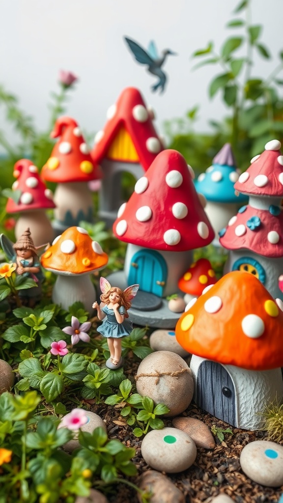 A colorful mushroom village with fairy figurines and flowers in a garden setting.