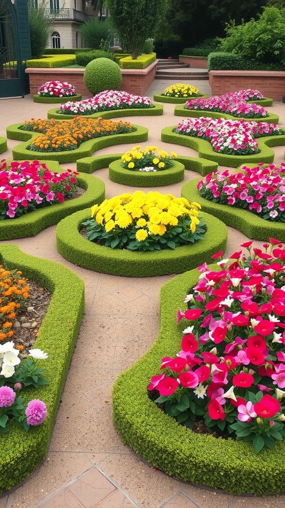 A beautifully arranged parterre garden with colorful flowers and neatly trimmed green borders.