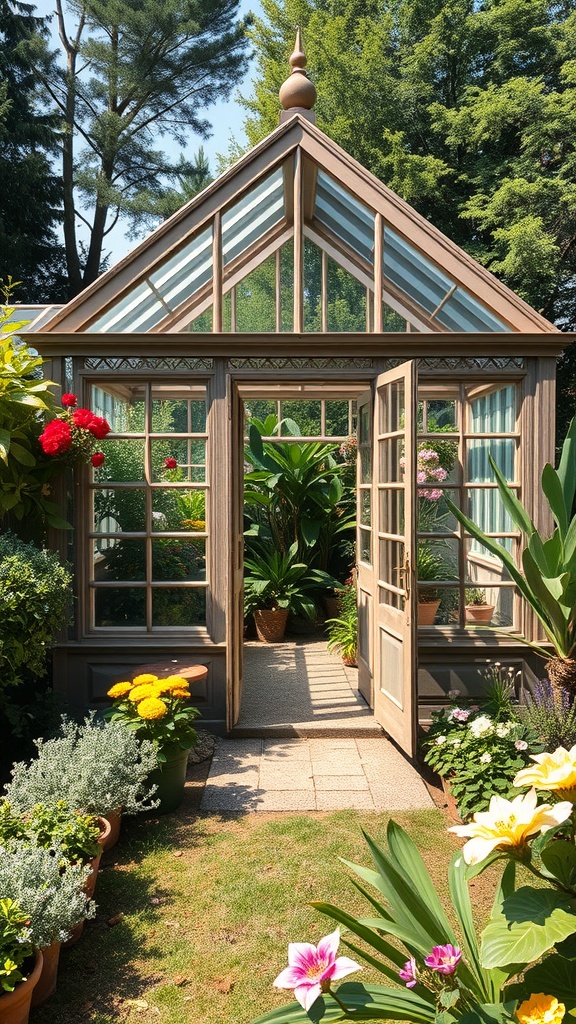 A charming Victorian greenhouse with large glass panels and vibrant flowers surrounding it.