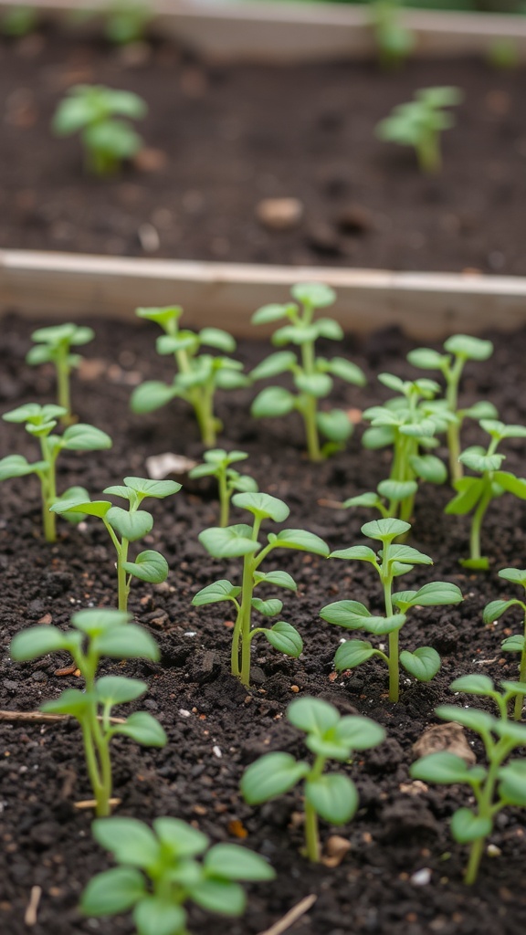 Young seedlings growing in a raised garden bed with dark soil.