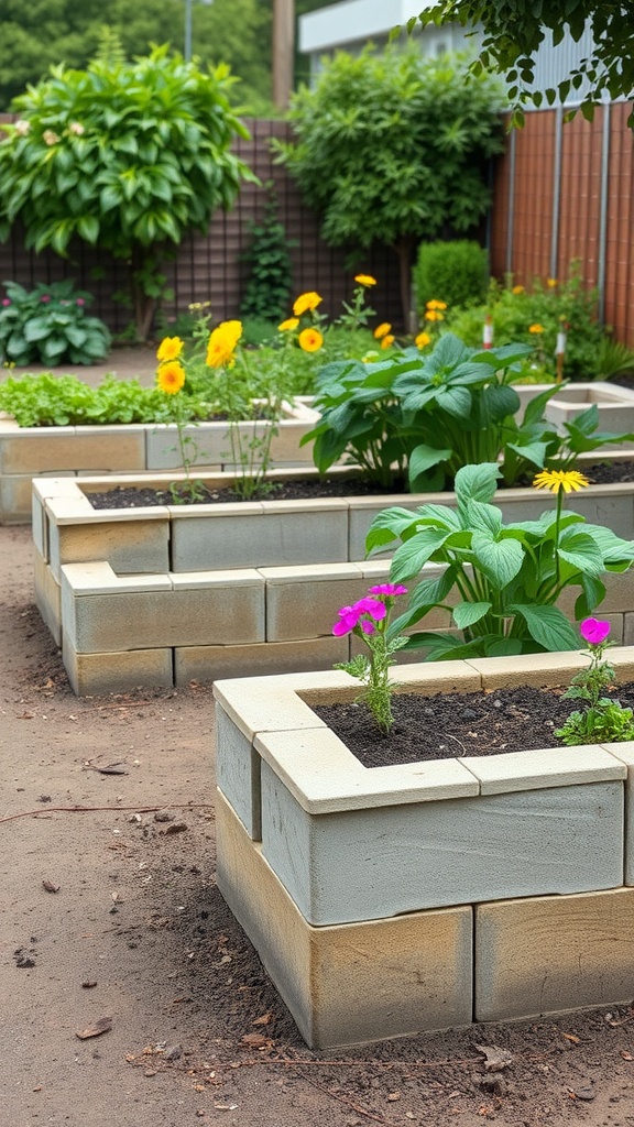 Raised garden beds made from cinder blocks with colorful flowers and greenery.