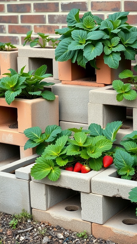 Cinder block planters filled with green plants and strawberries
