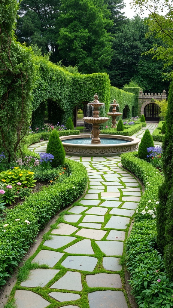 A winding stone pathway surrounded by lush greenery and colorful flowers in a Victorian garden.