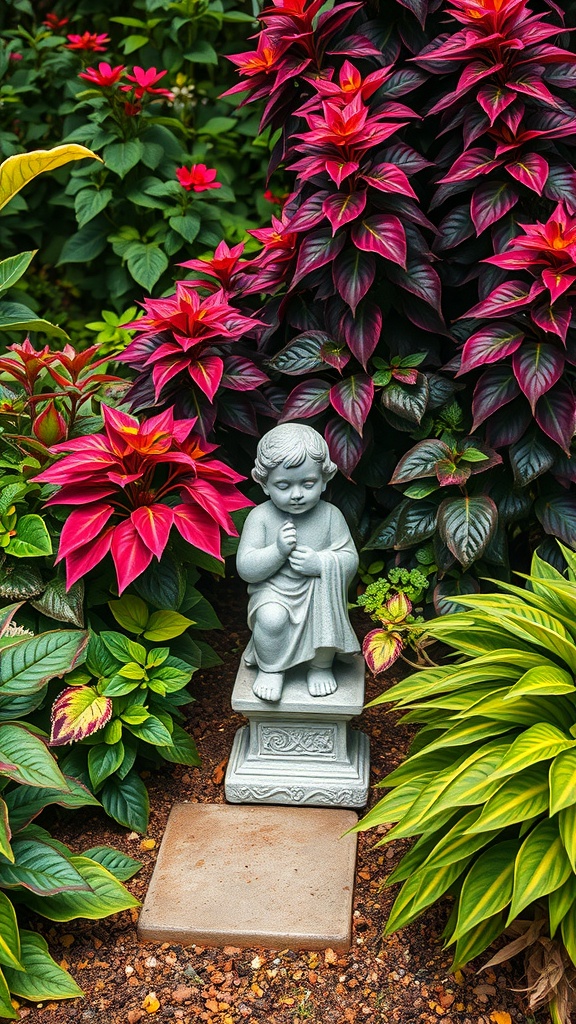 A classic stone statue of a child surrounded by colorful plants in a garden.