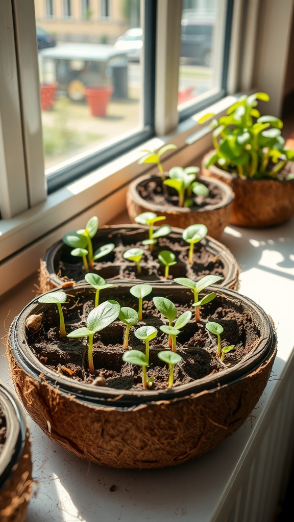 Coconut coir seed starting trays with seedlings growing in them