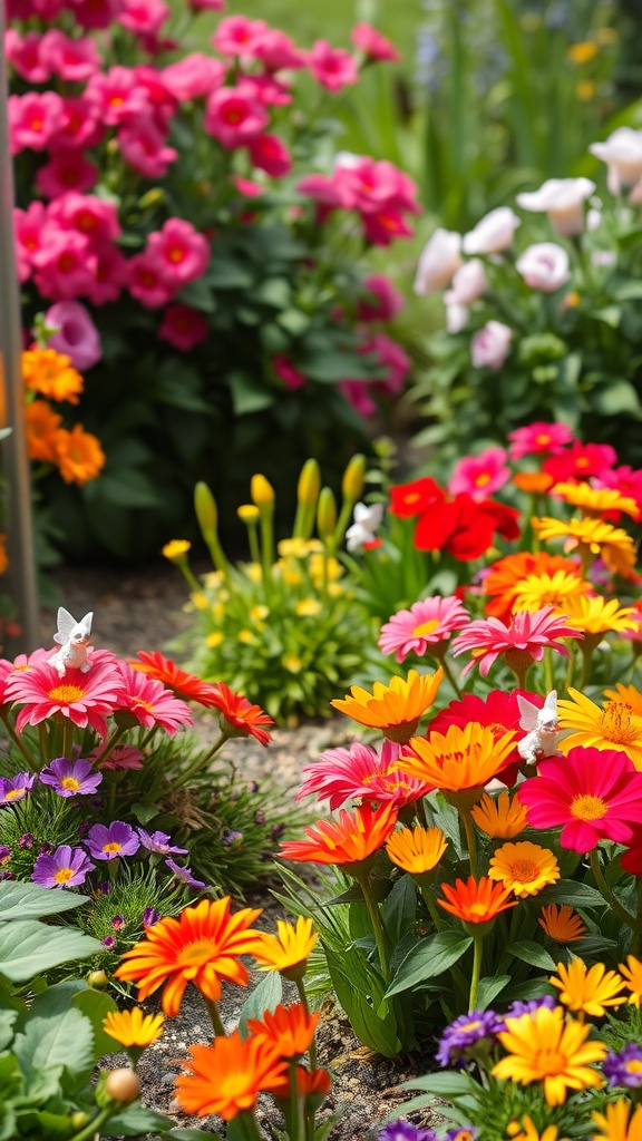 A colorful flowerbed featuring vibrant flowers in shades of pink, orange, and purple, with small fairy figurines among the blooms.