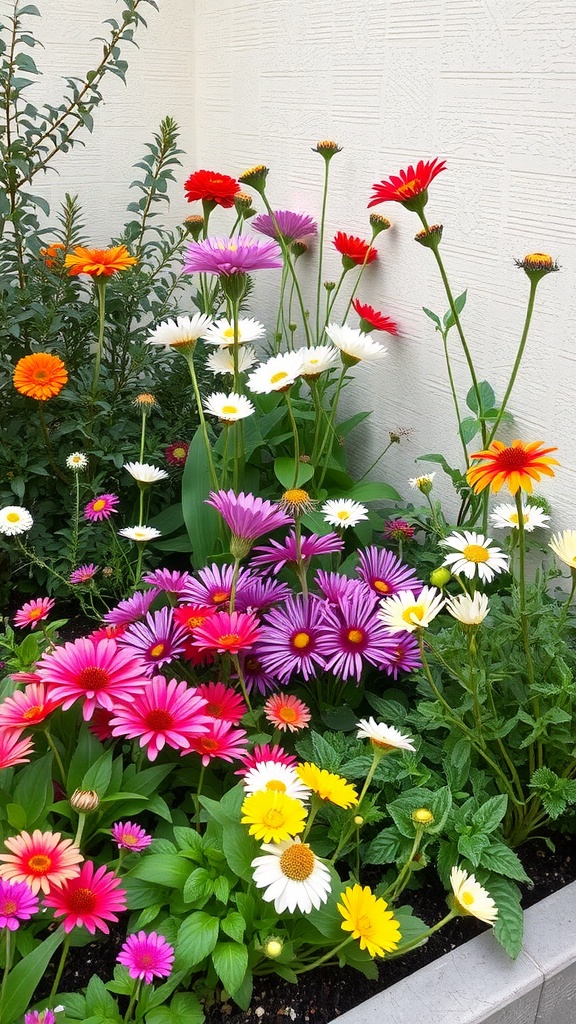 A vibrant flower bed with a variety of colorful flowers including red, pink, yellow, and white blooms.