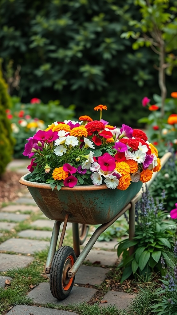A colorful display of flowers in a rustic wheelbarrow planter, showcasing a mix of vibrant blooms.
