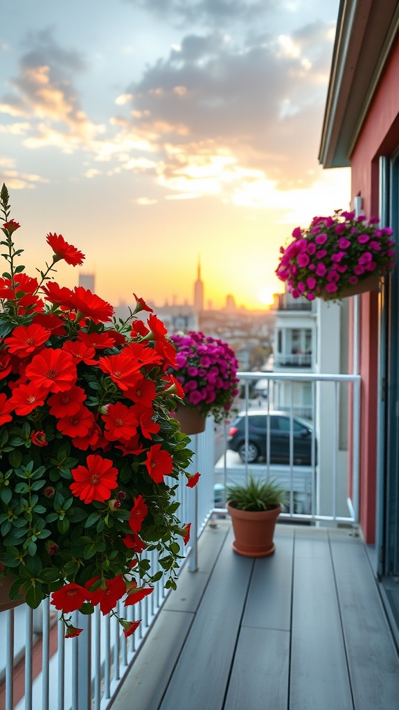 Colorful flower pots with red and purple flowers on a balcony during sunset.