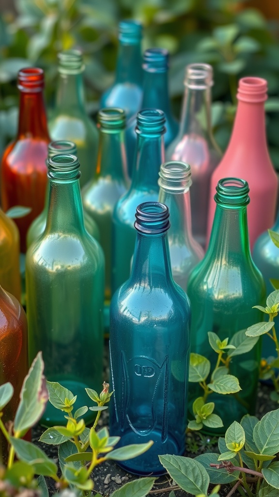 A collection of colorful glass bottles in various shades, surrounded by green foliage.